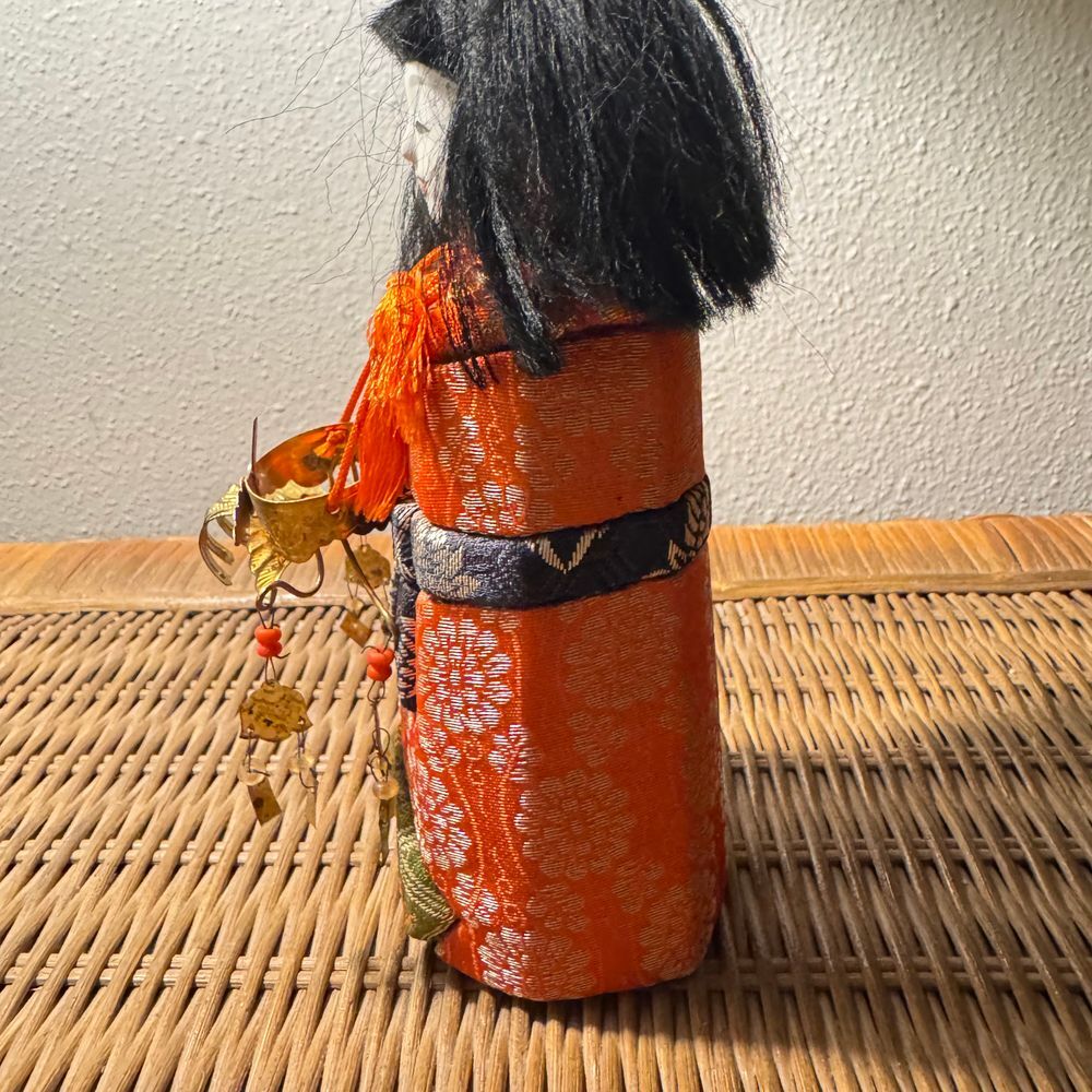 Vintage Japanese Kimekomi Doll Traditional Orange Kimono‎ Accents 7 inch 70's - Picture 8 of 15